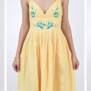Fanm Mon Butter Yellow Midi Dress with Blue Embroidery -ANTHROPOLOGY FAIR TRADE
